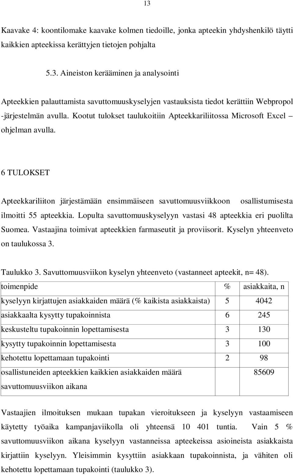 Lopulta savuttomuuskyselyyn vastasi 48 apteekkia eri puolilta Suomea. Vastaajina toimivat apteekkien farmaseutit ja proviisorit. Kyselyn yhteenveto on taulukossa 3. Taulukko 3.