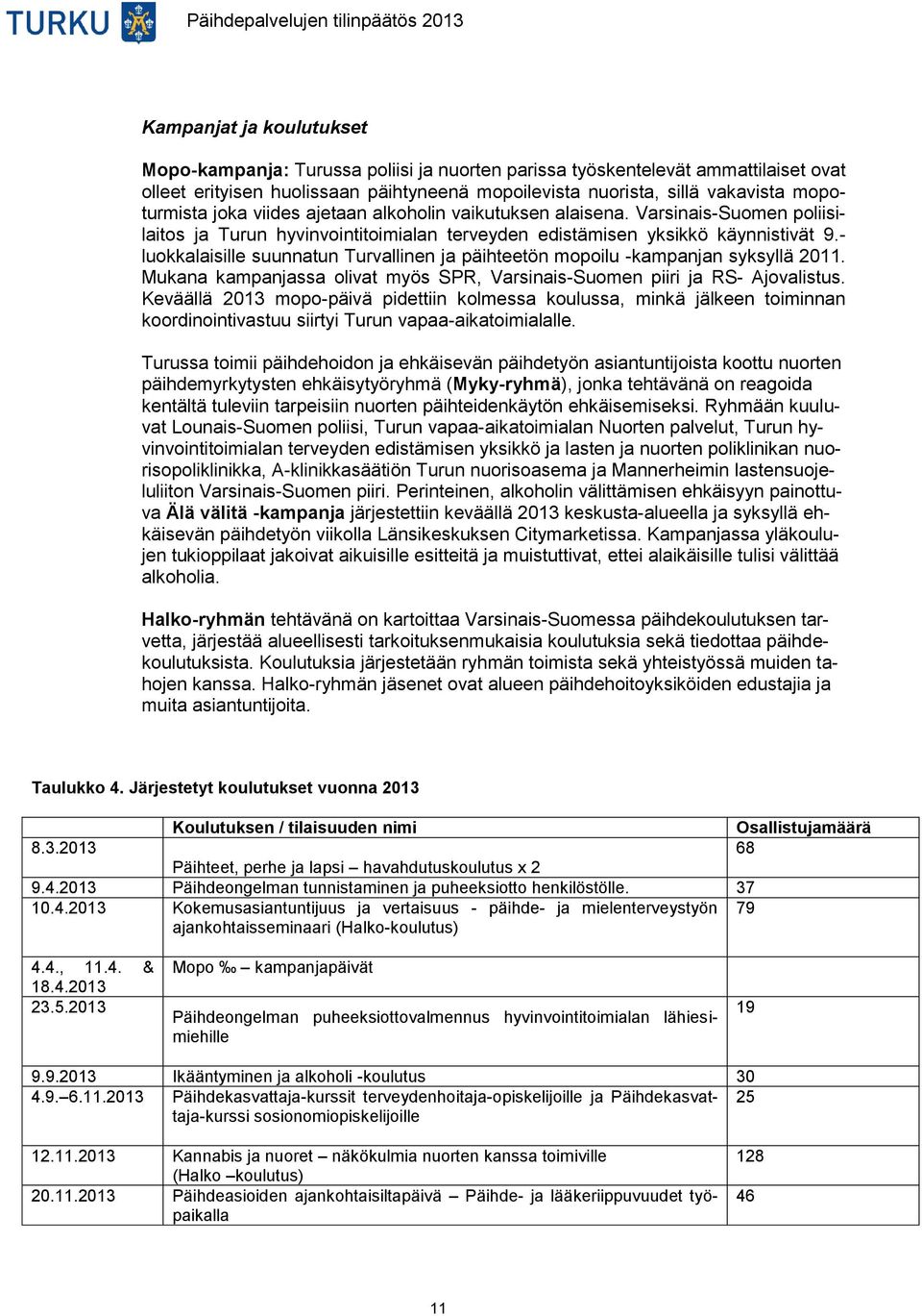 - luokkalaisille suunnatun Turvallinen ja päihteetön mopoilu -kampanjan syksyllä 2011. Mukana kampanjassa olivat myös SPR, Varsinais-Suomen piiri ja RS- Ajovalistus.