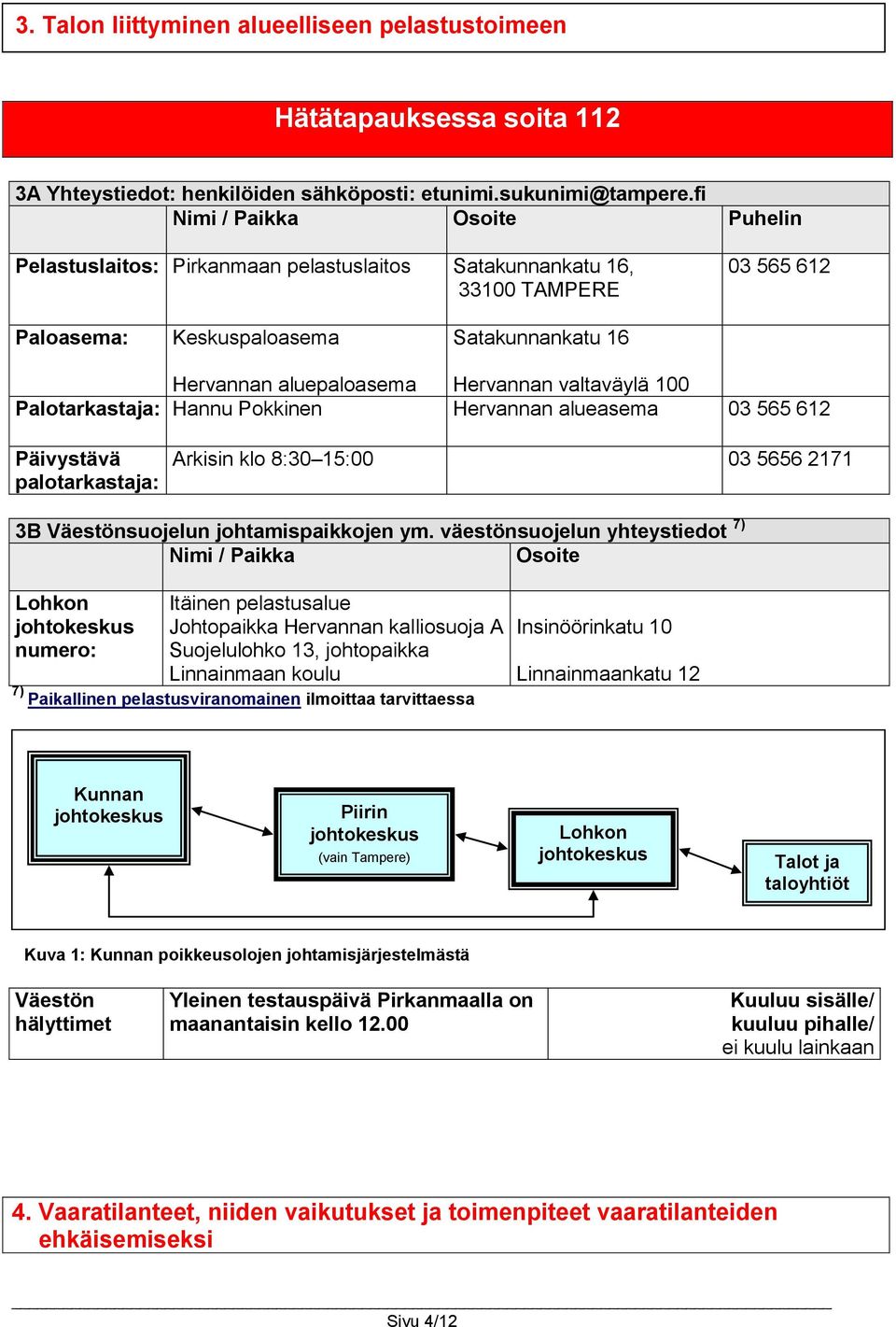 valtaväylä 100 Palotarkastaja: Hannu Pokkinen Hervannan alueasema 03 565 612 Päivystävä palotarkastaja: Arkisin klo 8:30 15:00 03 5656 2171 3B Väestönsuojelun johtamispaikkojen ym.