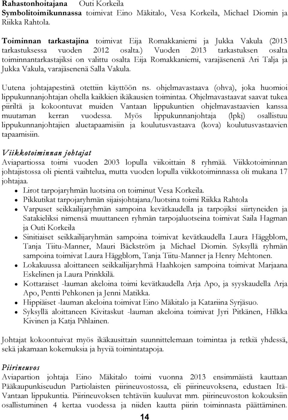) Vuoden 2013 tarkastuksen osalta toiminnantarkastajiksi on valittu osalta Eija Romakkaniemi, varajäsenenä Ari Talja ja Jukka Vakula, varajäsenenä Salla Vakula.