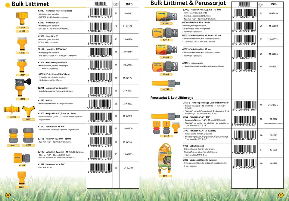 25 21-62050 62167 62158 62167 - Hanaliitin 3/4 - Kierteitettyihin hanoihin. - 3/4 BSP (G3/4) - hanaliitin (naaras). 25 21-62167 62050 62060 - Pikaliitin Plus 19 mm - Pehmeä ja miellyttävä pinta.