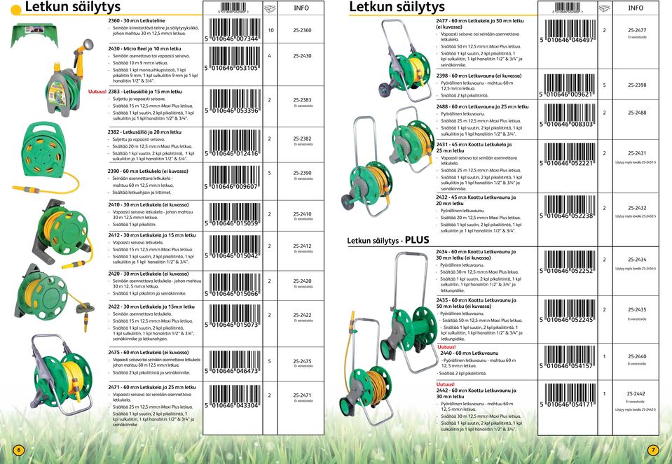 - Sisältää 1 kpl monisuihkupistooli, 1 kpl pikaliitin 9 mm, 1 kpl sulkuliitin 9 mm ja 1 kpl hanaliitin 1/2 & 3/4. 2383 - Letkusäiliö ja 15 m:n letku - Suljettu ja vapaasti seisova.