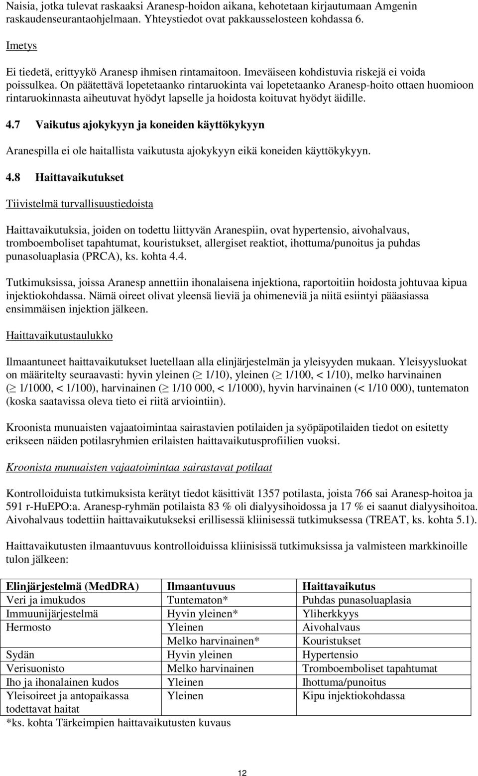 On päätettävä lopetetaanko rintaruokinta vai lopetetaanko Aranesp-hoito ottaen huomioon rintaruokinnasta aiheutuvat hyödyt lapselle ja hoidosta koituvat hyödyt äidille. 4.