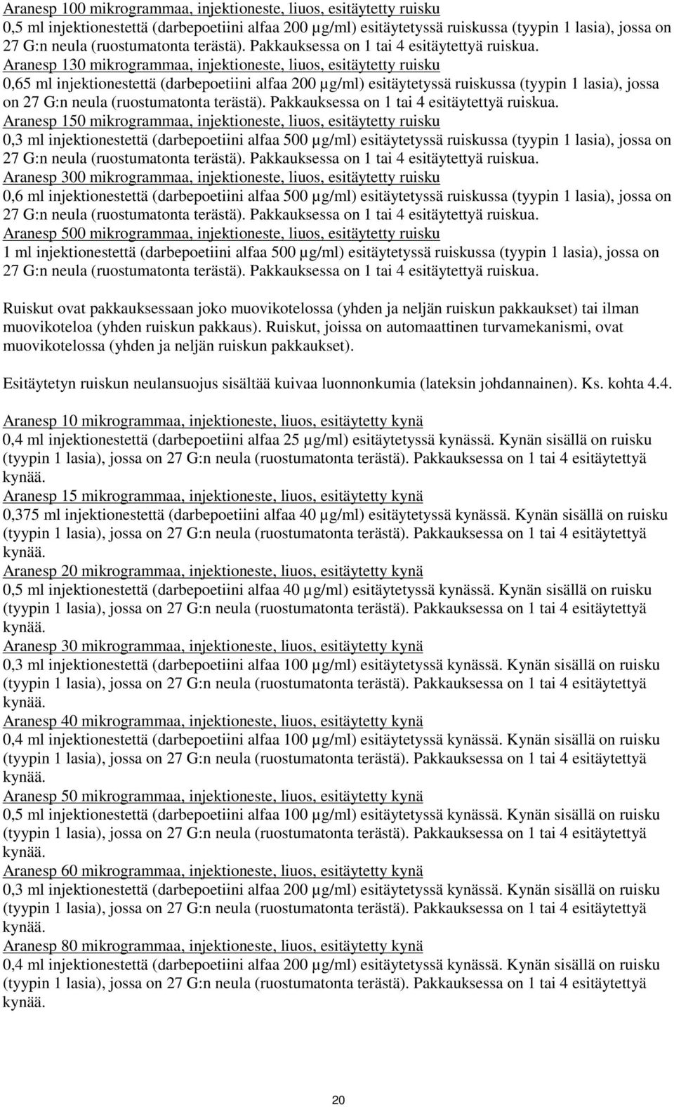 Aranesp 130 mikrogrammaa, injektioneste, liuos, esitäytetty ruisku 0,65 ml injektionestettä (darbepoetiini alfaa 200 µg/ml) esitäytetyssä ruiskussa (tyypin 1 lasia), jossa on 27 G:n neula  Aranesp