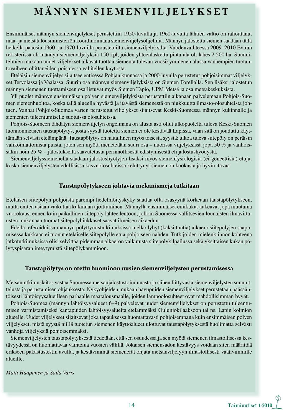 Vuodenvaihteessa 2009 2010 Eviran rekisterissä oli männyn siemenviljelyksiä 150 kpl, joiden yhteenlaskettu pinta-ala oli lähes 2 500 ha.