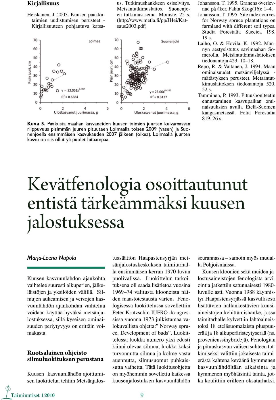 Paakusta maahan kasvaneiden kuusen taimien juurten kuivamassan riippuvuus pisimmän juuren pituuteen Loimaalla toisen 2009 (vasen) ja Suonenjoella ensimmäisen kasvukauden 2007 jälkeen (oikea).