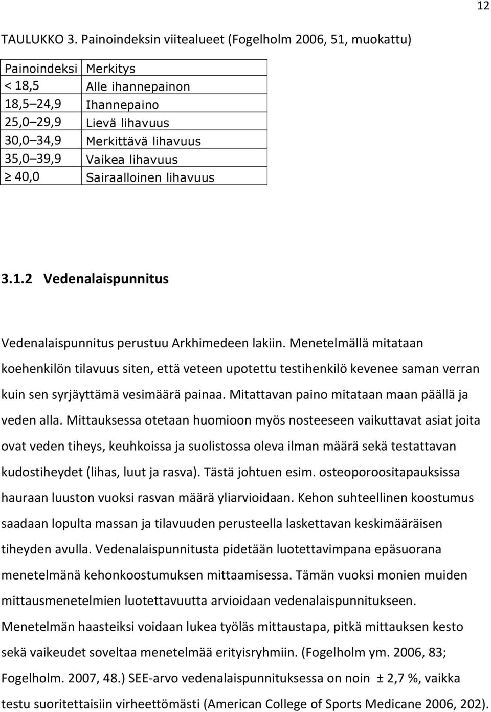 lihavuus 40,0 Sairaalloinen lihavuus 3.1.2 Vedenalaispunnitus Vedenalaispunnitus perustuu Arkhimedeen lakiin.