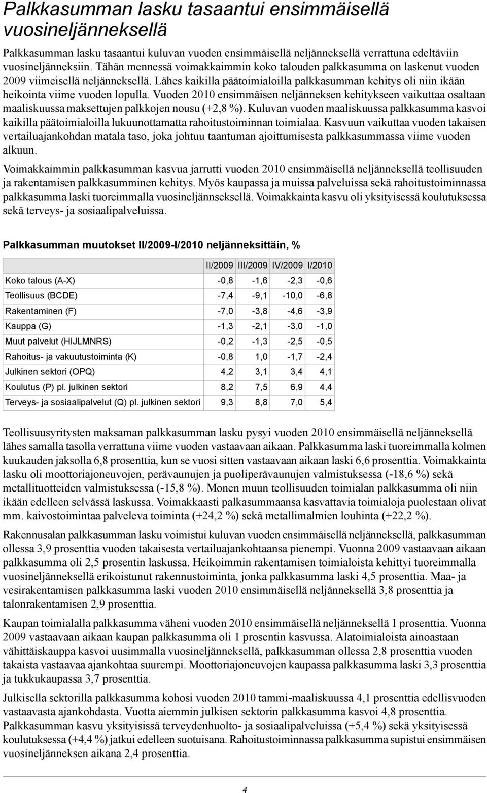 Lähes kaikilla päätoimialoilla palkkasumman kehitys oli niin ikään heikointa viime vuoden lopulla.