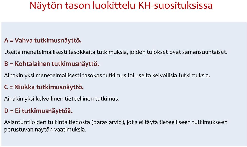 Ainakin yksi menetelmällisesti tasokas tutkimus tai useita kelvollisia tutkimuksia. C = Niukka tutkimusnäyttö.