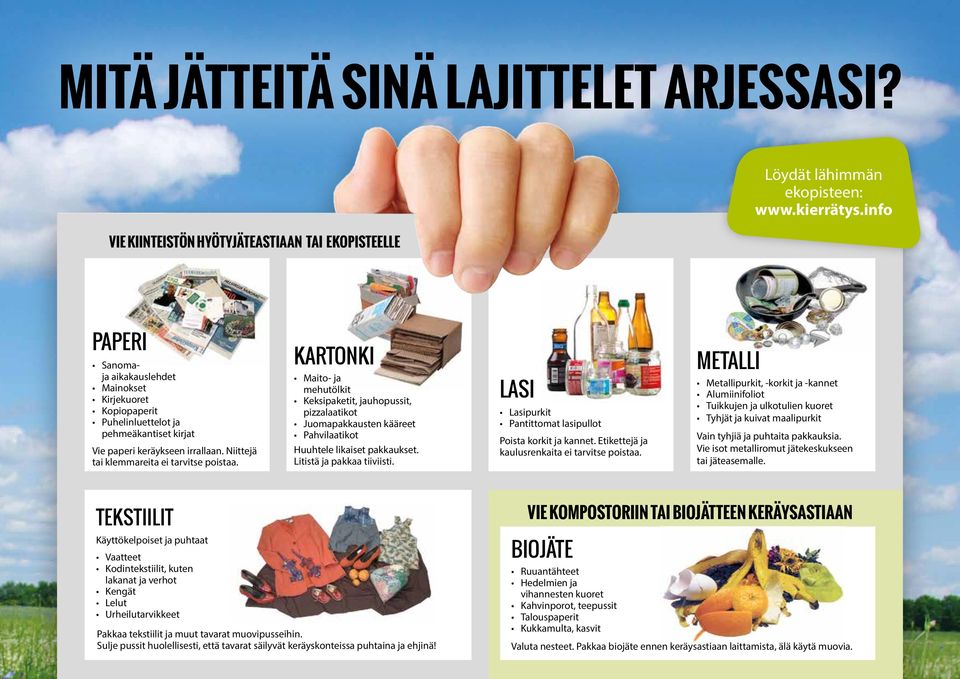 Niittejä tai klemmareita ei tarvitse poistaa. KARTONKI Maito- ja mehutölkit Keksipaketit, jauhopussit, pizzalaatikot Juomapakkausten kääreet Pahvilaatikot Huuhtele likaiset pakkaukset.