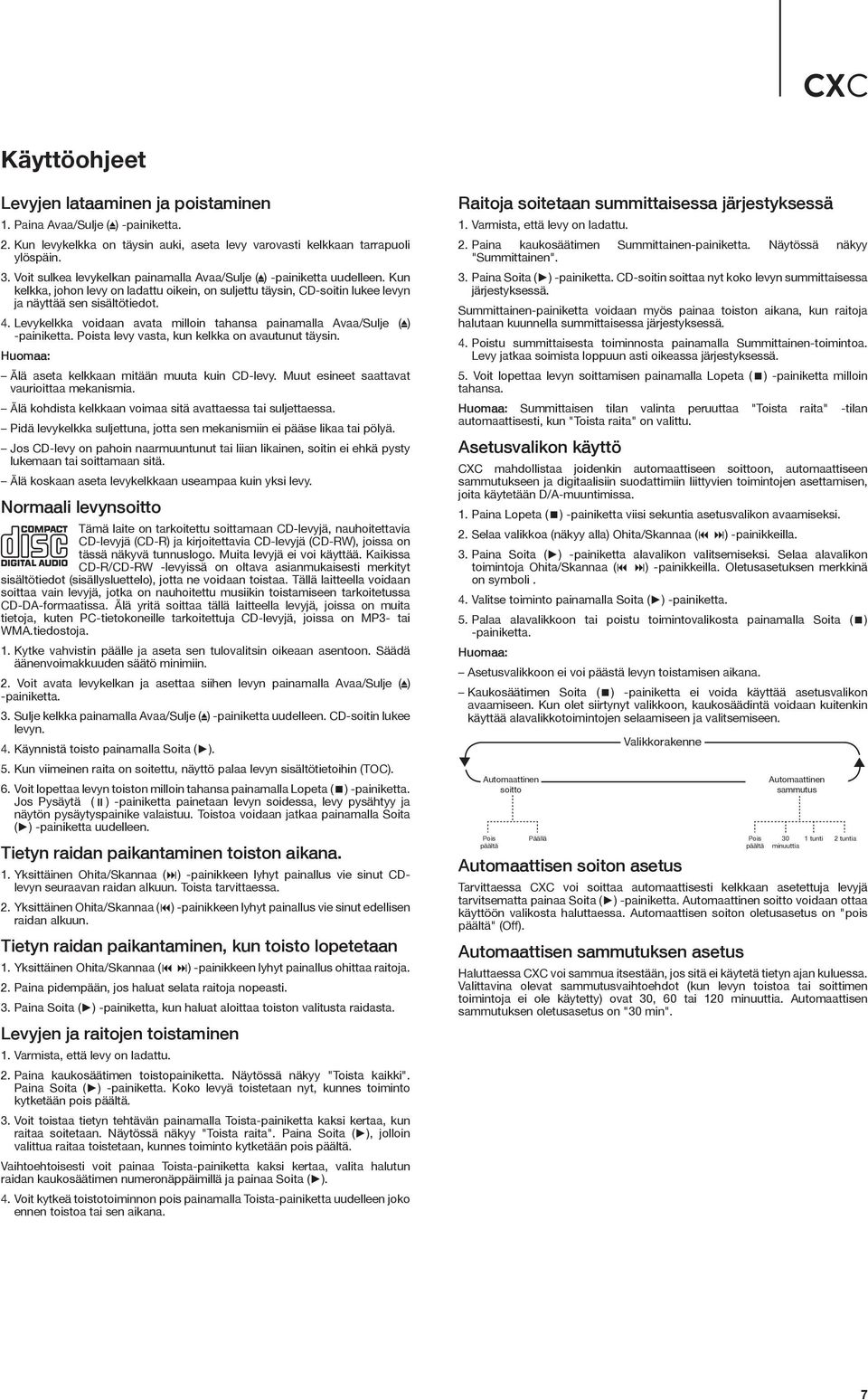 Levykelkka voidaan avata milloin tahansa painamalla Avaa/Sulje ( ) -painiketta. Poista levy vasta, kun kelkka on avautunut täysin. Huomaa: Älä aseta kelkkaan mitään muuta kuin CD-levy.