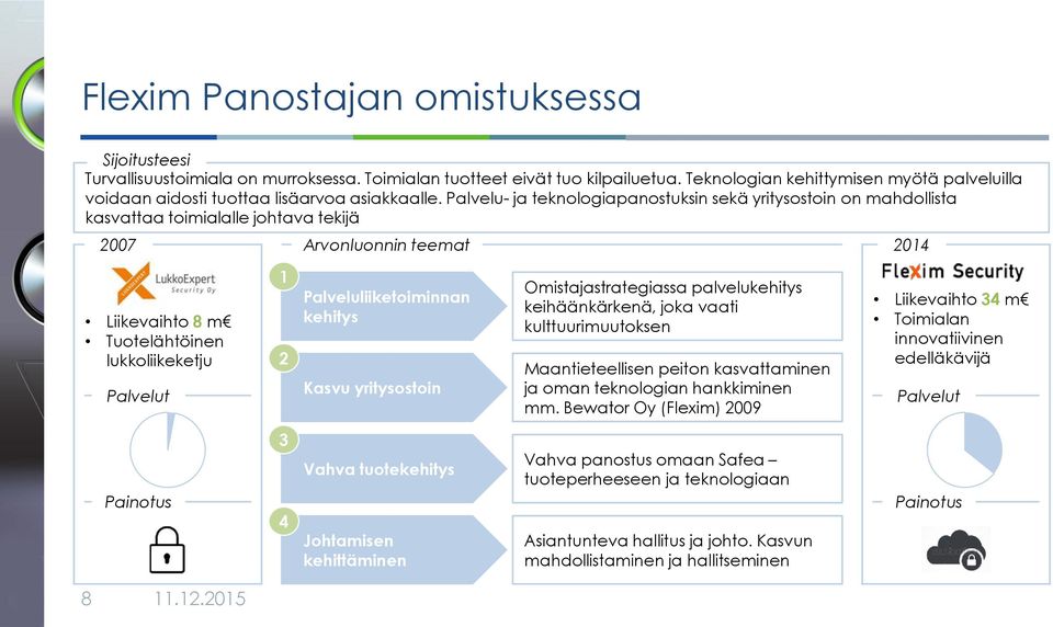 Palvelu- ja teknologiapanostuksin sekä yritysostoin on mahdollista kasvattaa toimialalle johtava tekijä 2007 Arvonluonnin teemat Liikevaihto 8 m Tuotelähtöinen lukkoliikeketju Palvelut 1 2