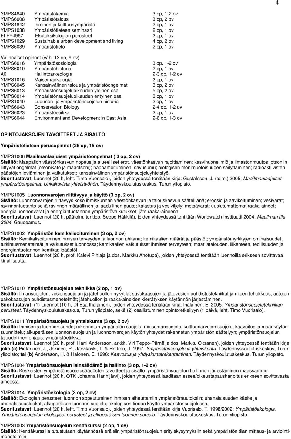 13 op, 9 ov) YMPS6016 Ympäristösosiologia 3 op, 1-2 ov YMPS6010 Ympäristöhistoria 2 op, 1 ov A6 Hallintoarkeologia 2-3 op, 1-2 ov YMPS1016 Maisemaekologia 2 op, 1 ov YMPS6045 Kansainvälinen talous ja