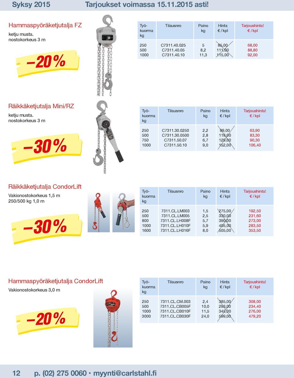 kuorma kg 3 / kpl 3 / kpl kg 250 C7311.30.0250 2,2 99,00 63,90 500 C7311.30.0500 2,8 119,00 83,30 750 C7311.50.07 6,7 129,00 90,30 1000 C7311.50.10 9,0 152,00 106,40 Räikkäketjutalja CondorLift Vakionostokorkeus 1,5 m 250/500 kg 1,0 m 30 % Työ- Tilausnro Paino Hinta Tarjoushinta!