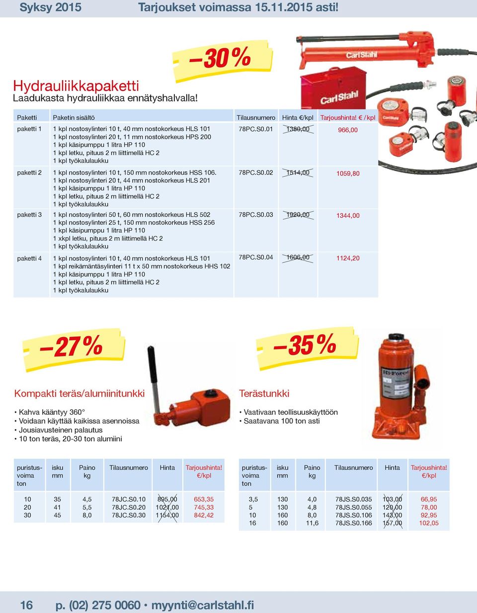 01 1380,00 1 kpl nostosylinteri 20 t, 11 mm nostokorkeus HPS 200 1 kpl käsipumppu 1 litra HP 110 1 kpl letku, pituus 2 m liittimellä HC 2 1 kpl työkalulaukku paketti 2 1 kpl nostosylinteri 10 t, 150