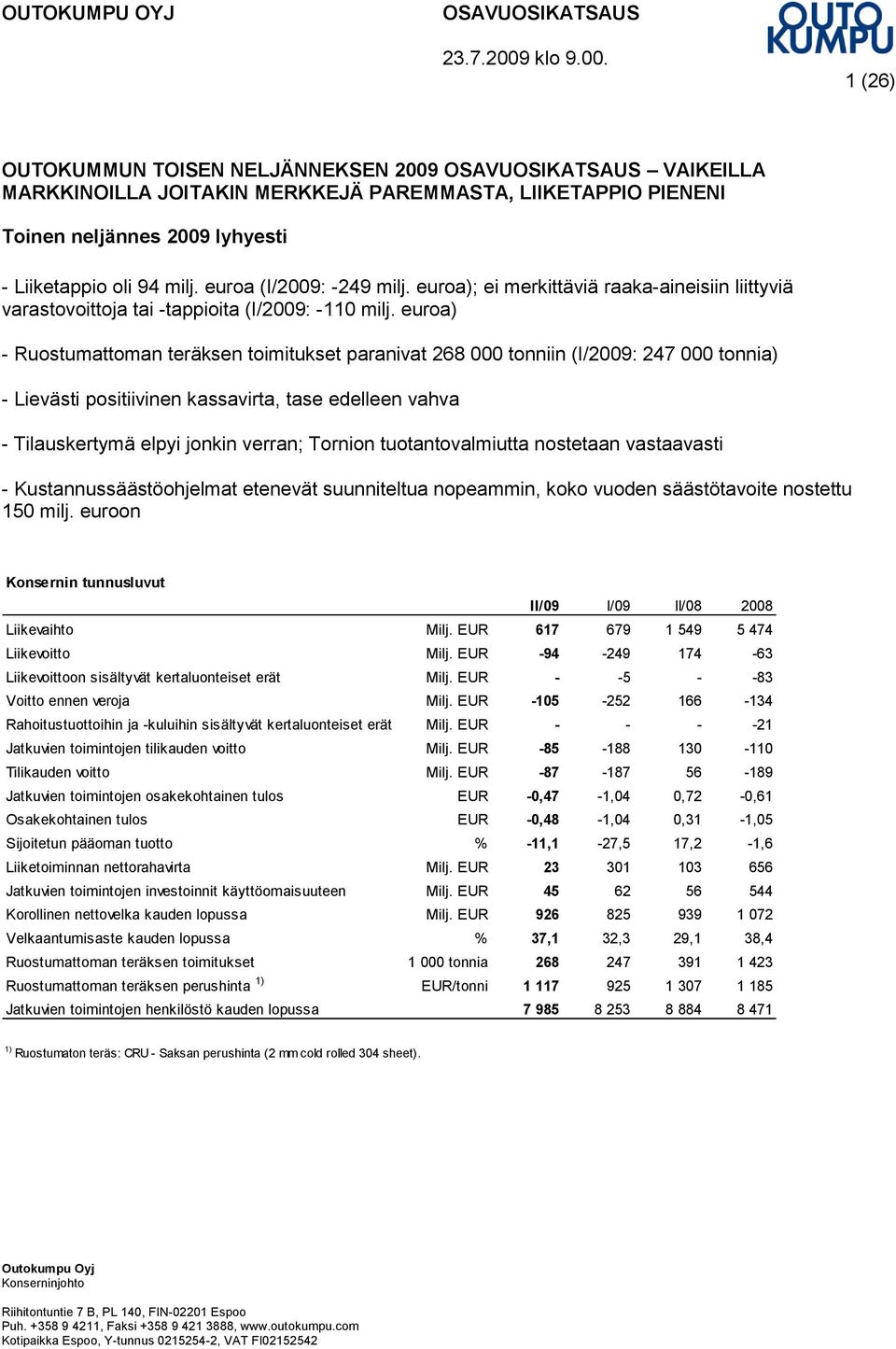 euroa (I/2009: -249 milj. euroa); ei merkittäviä raaka-aineisiin liittyviä varastovoittoja tai -tappioita (I/2009: -110 milj.