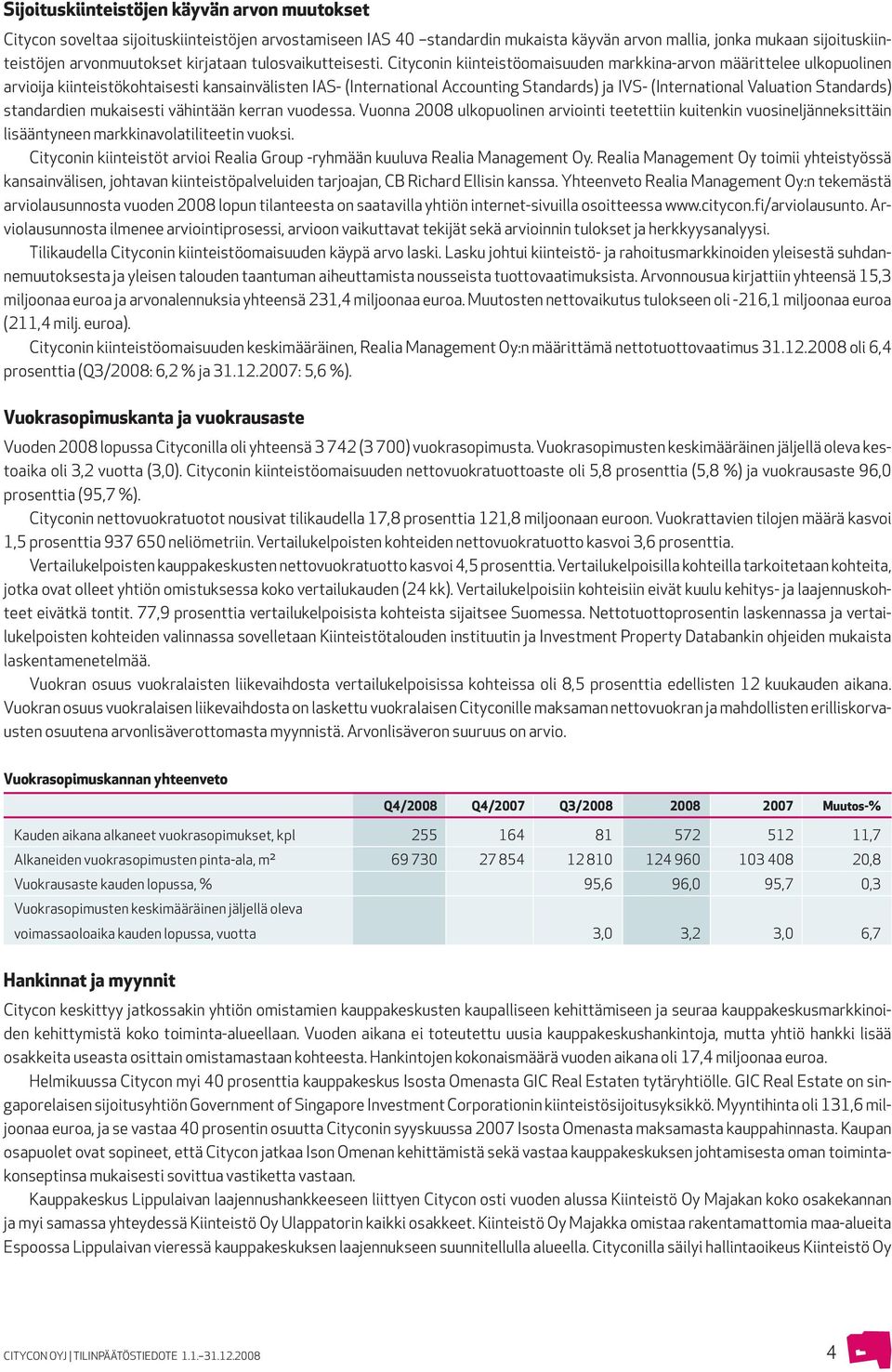 Cityconin kiinteistöomaisuuden markkina-arvon määrittelee ulkopuolinen arvioija kiinteistökohtaisesti kansainvälisten IAS- (International Accounting Standards) ja IVS- (International Valuation