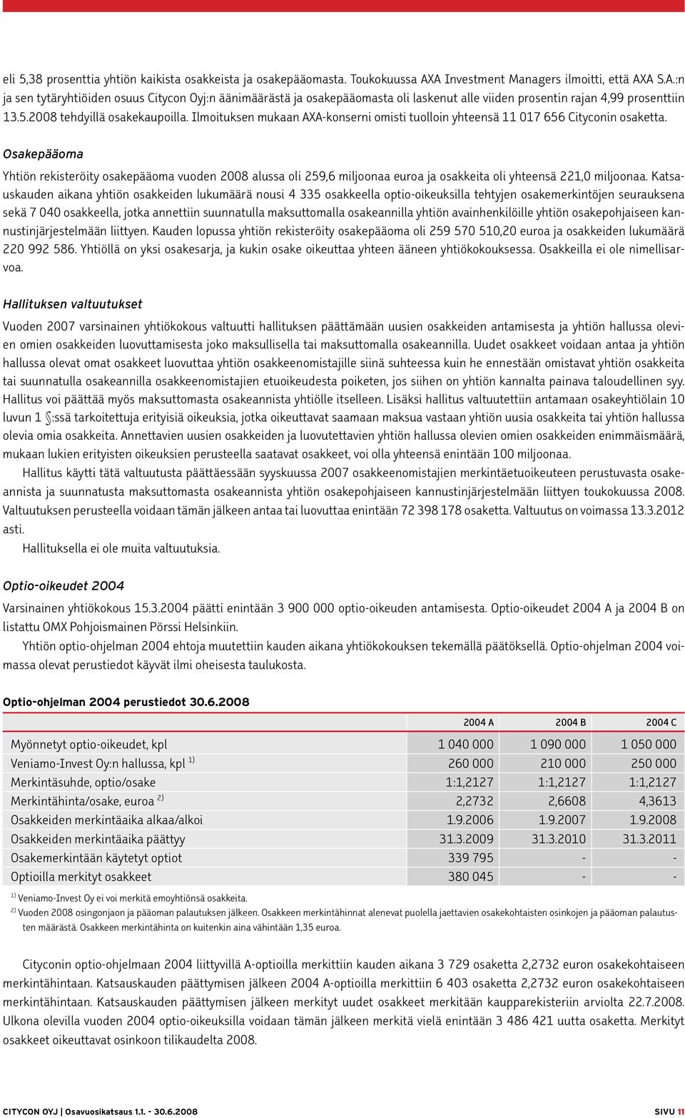 2008 tehdyillä osakekaupoilla. Ilmoituksen mukaan AXA-konserni omisti tuolloin yhteensä 11 017 656 Cityconin osaketta.