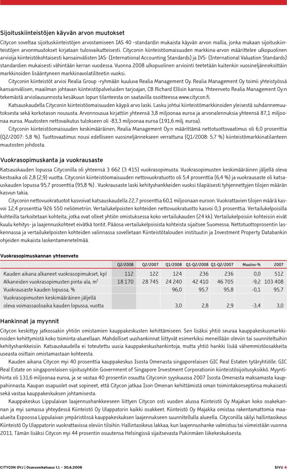 Cityconin kiinteistöomaisuuden markkina-arvon määrittelee ulkopuolinen arvioija kiinteistökohtaisesti kansainvälisten IAS- (International Accounting Standards) ja IVS- (International Valuation