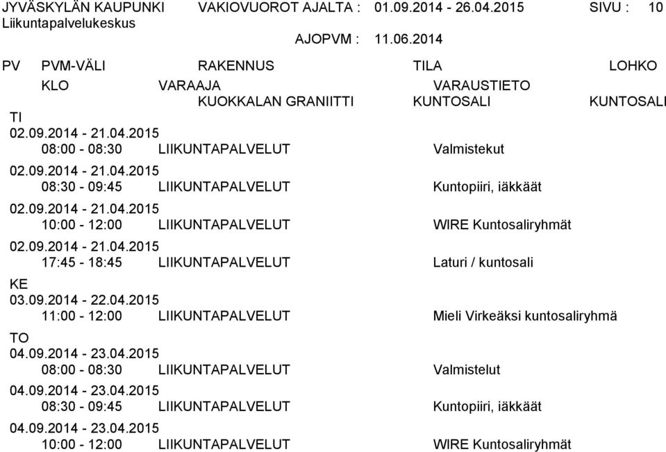 Kuntopiiri, iäkkäät 10:00-12:00 LIIKUNTAPALVELUT WIRE Kuntosaliryhmät 17:45-18:45 LIIKUNTAPALVELUT Laturi / kuntosali KE