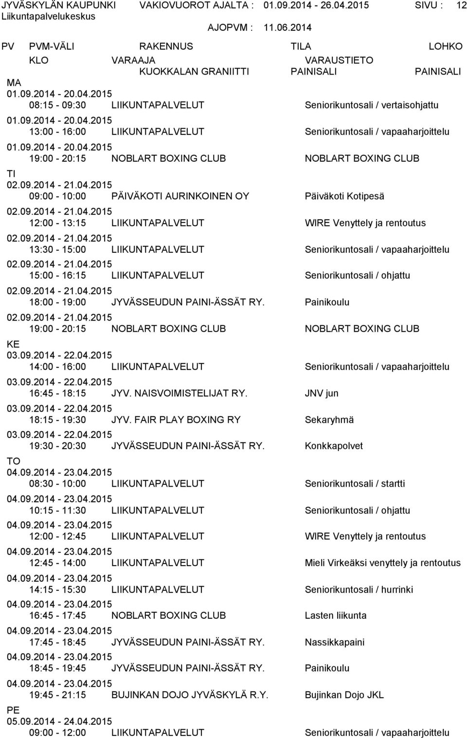 NOBLART BOXING CLUB NOBLART BOXING CLUB TI 09:00-10:00 PÄIVÄKOTI AURINKOINEN OY Päiväkoti Kotipesä 12:00-13:15 LIIKUNTAPALVELUT WIRE Venyttely ja rentoutus 13:30-15:00 LIIKUNTAPALVELUT