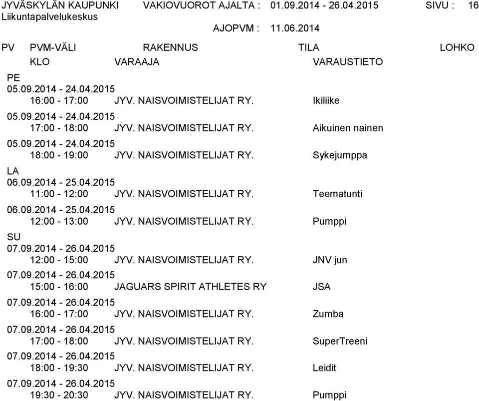 NAISVOIMISTELIJAT RY. Pumppi SU 12:00-15:00 JYV. NAISVOIMISTELIJAT RY. JNV jun 15:00-16:00 JAGUARS SPIRIT ATHLETES RY JSA 16:00-17:00 JYV.