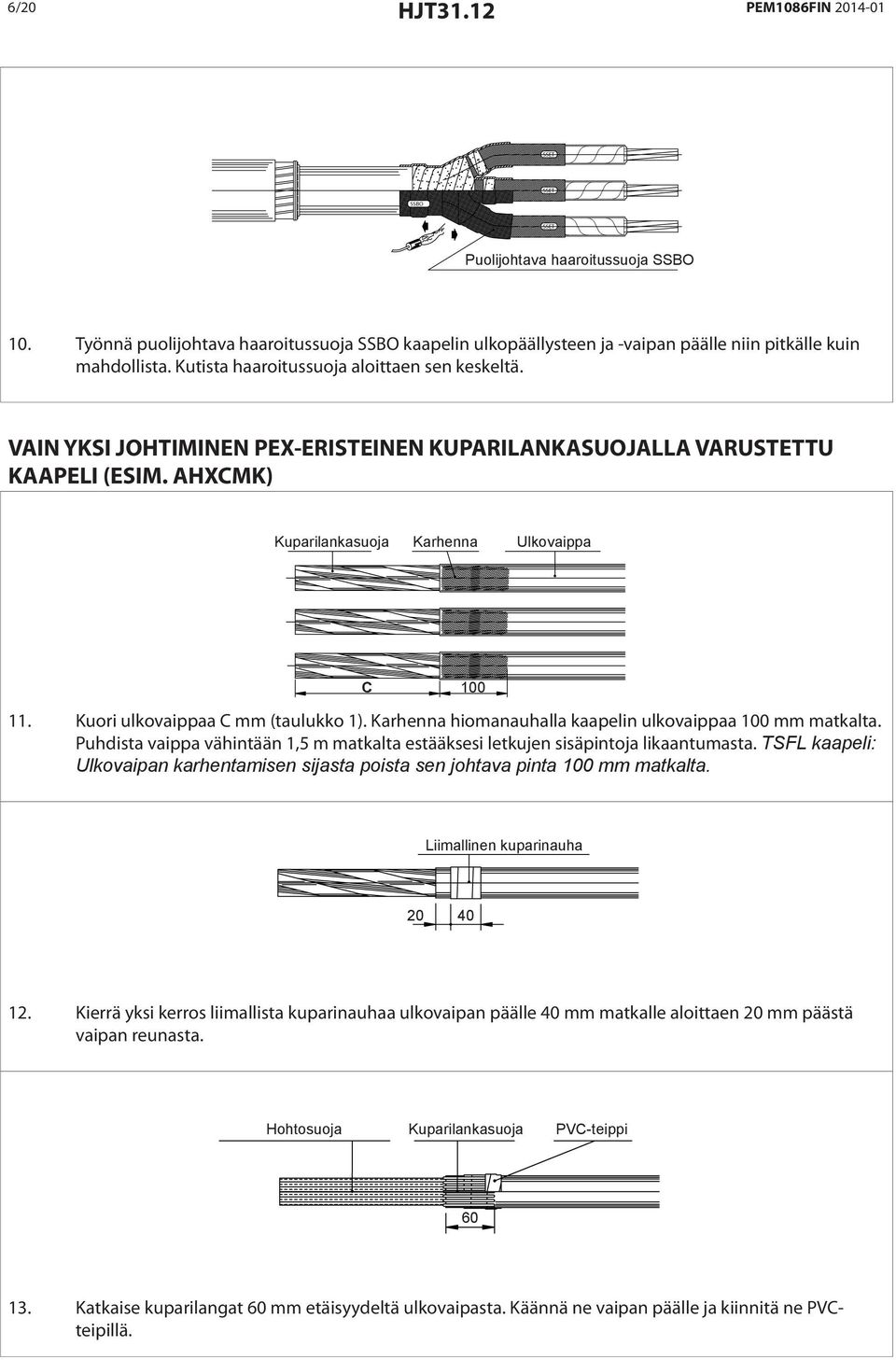 Kuori ulkovaippaa C mm (taulukko 1). Karhenna hiomanauhalla kaapelin ulkovaippaa 100 mm matkalta. Puhdista vaippa vähintään 1,5 m matkalta estääksesi letkujen sisäpintoja likaantumasta.