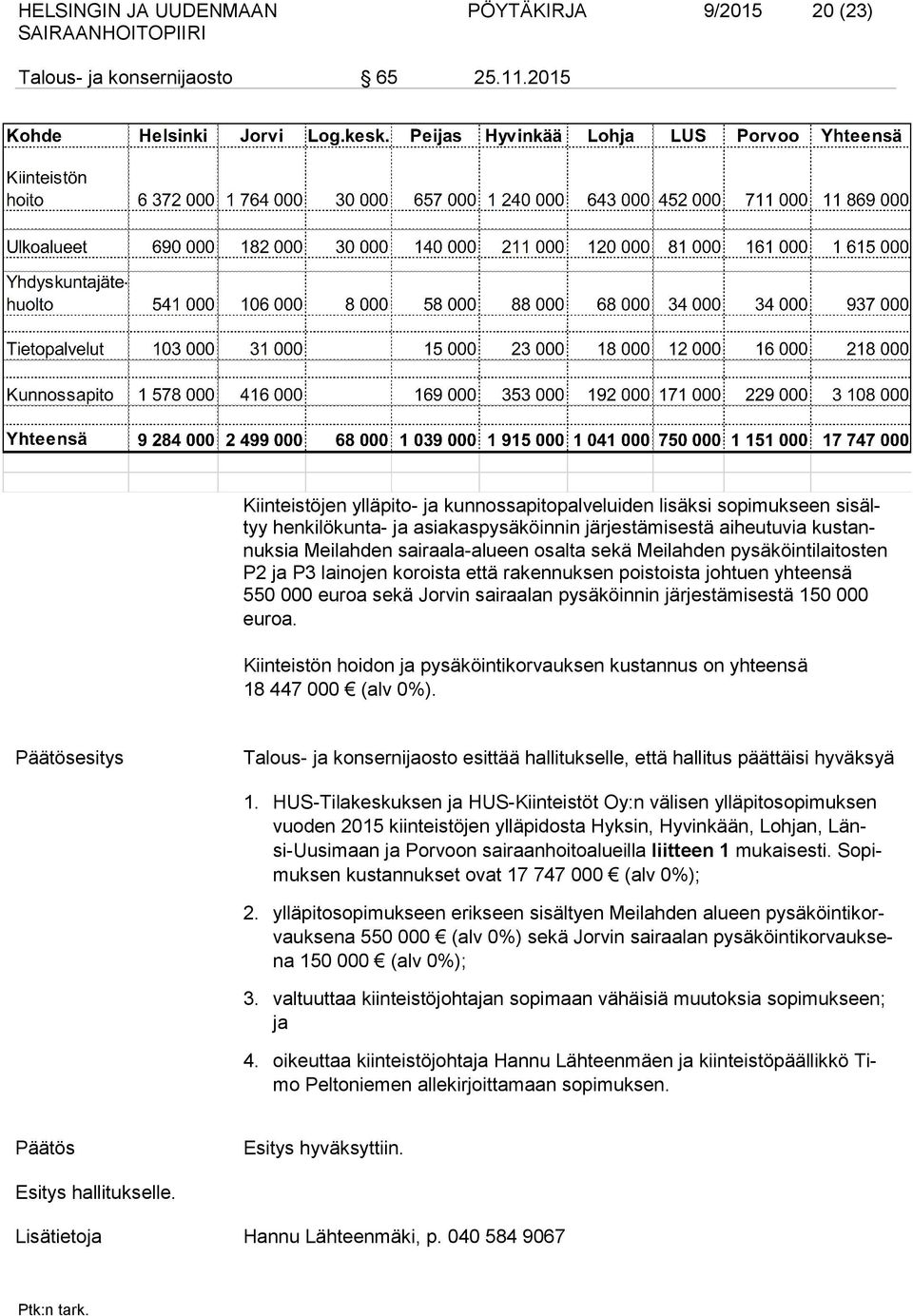 Meilahden pysäköintilaitosten P2 ja P3 lainojen koroista että rakennuksen poistoista johtuen yhteensä 550 000 euroa sekä Jorvin sairaalan pysäköinnin järjestämisestä 150 000 euroa.