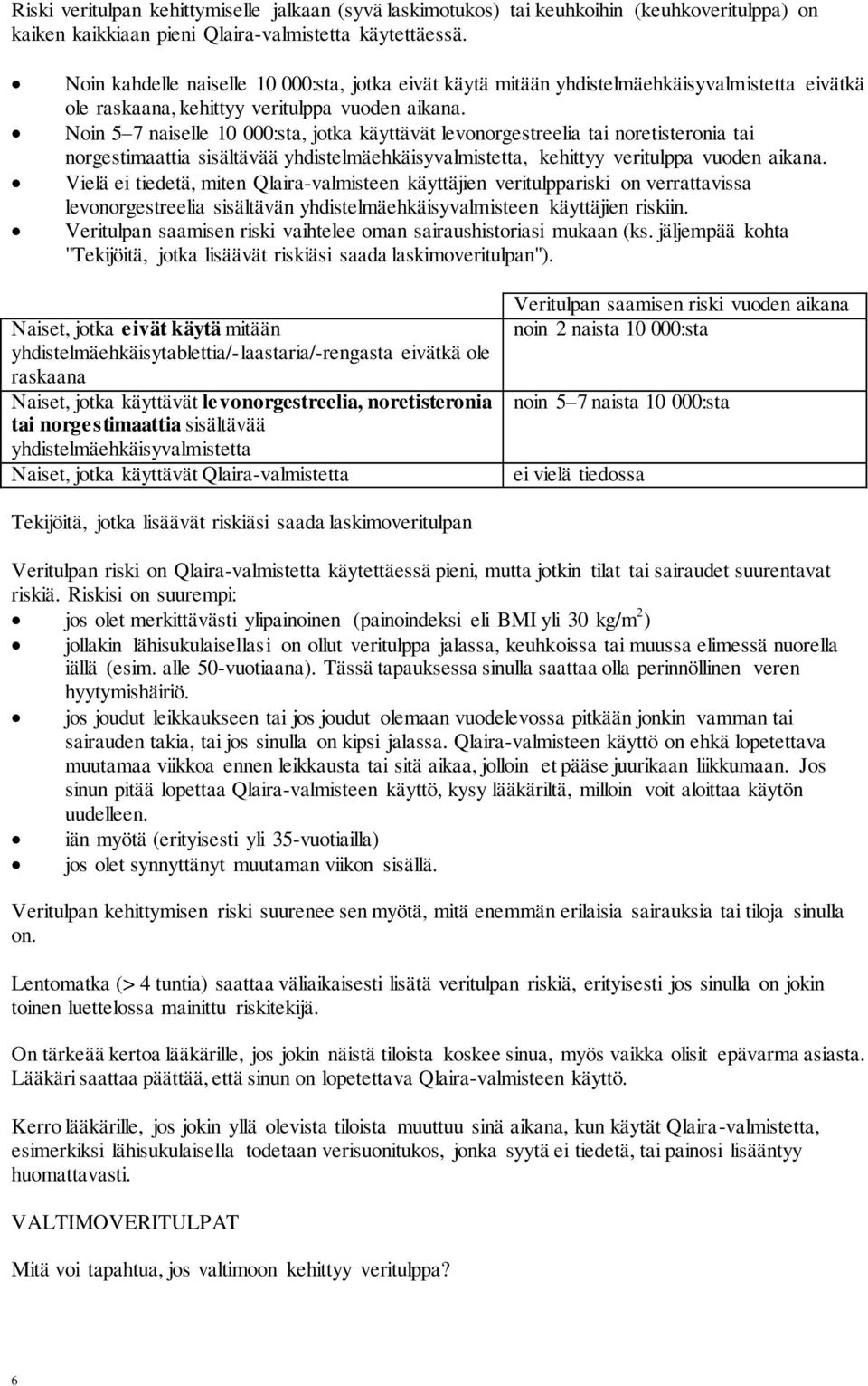 Noin 5 7 naiselle 10 000:sta, jotka käyttävät levonorgestreelia tai noretisteronia tai norgestimaattia sisältävää yhdistelmäehkäisyvalmistetta, kehittyy veritulppa vuoden aikana.