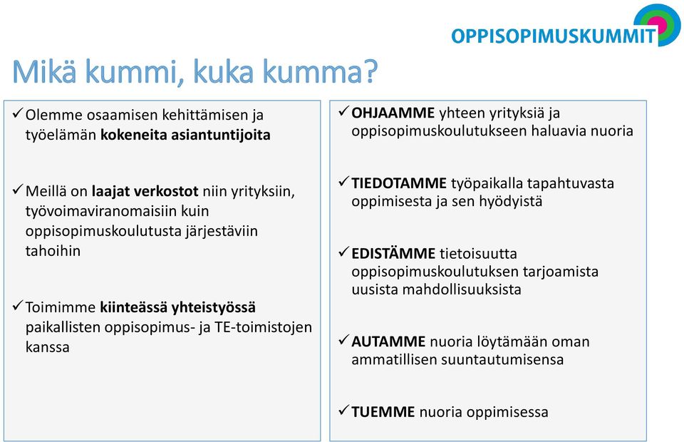 laajat verkostot niin yrityksiin, työvoimaviranomaisiin kuin oppisopimuskoulutusta järjestäviin tahoihin Toimimme kiinteässä yhteistyössä