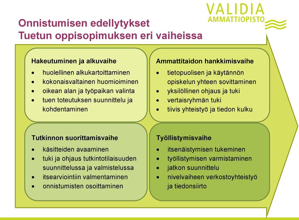 vertaisryhmän tuki tiivis yhteistyö ja tiedon kulku Tutkinnon suorittamisvaihe käsitteiden avaaminen tuki ja ohjaus tutkintotilaisuuden suunnittelussa ja valmistelussa