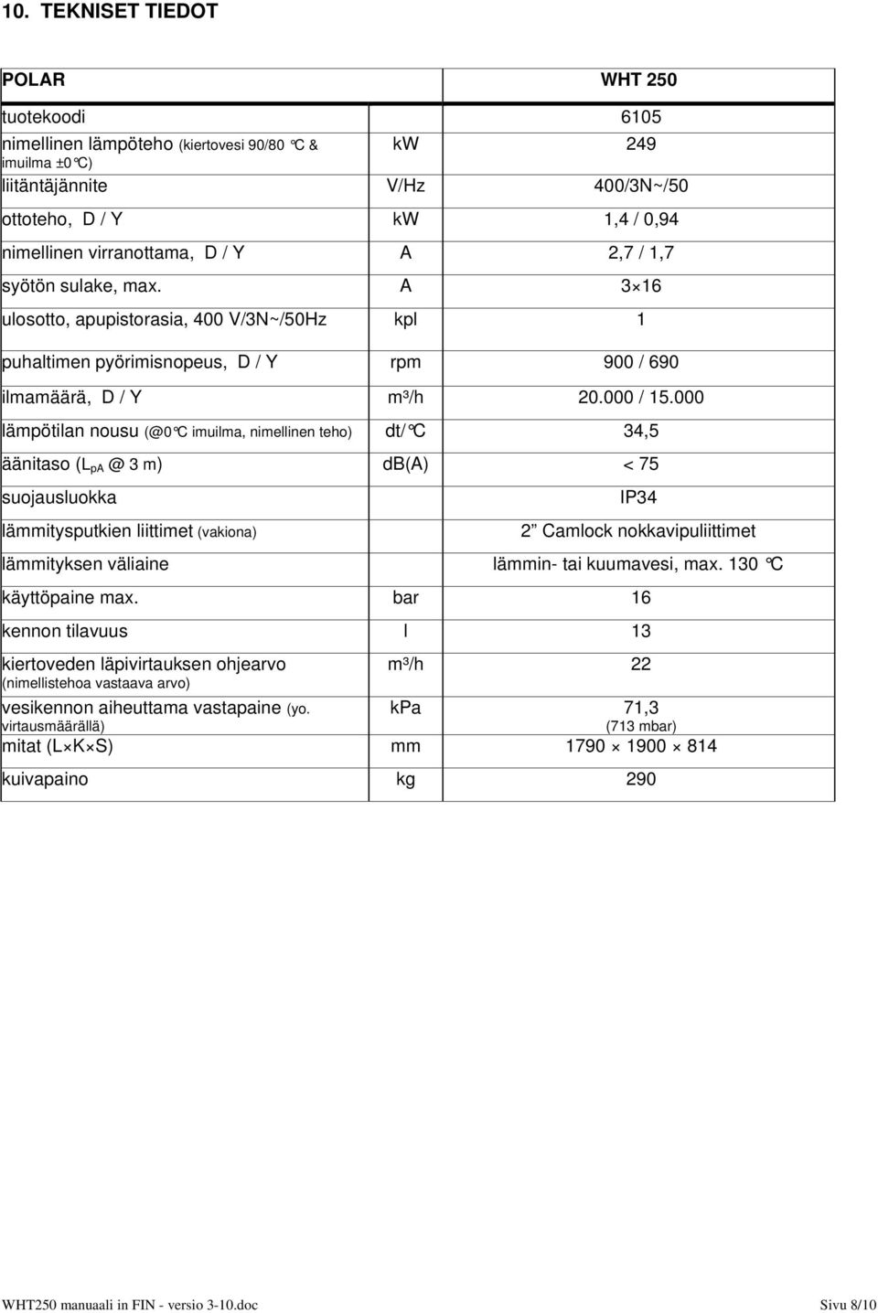 000 lämpötilan nousu (@0 C imuilma, nimellinen teho) dt/ C 34,5 äänitaso (L pa @ 3 m) db(a) < 75 suojausluokka lämmitysputkien liittimet (vakiona) IP34 2 Camlock nokkavipuliittimet lämmityksen