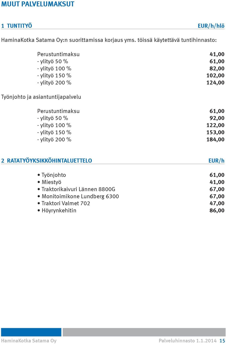 ja asiantuntijapalvelu Perustuntimaksu 61,00 - ylityö 50 % 92,00 - ylityö 100 % 122,00 - ylityö 150 % 153,00 - ylityö 200 % 184,00 2