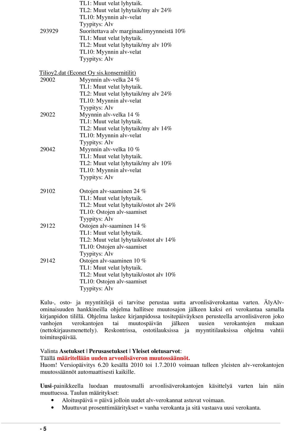 Myynnin alv-velka 10 % TL2: Muut velat lyhytaik/my alv 10% TL10: Myynnin alv-velat 29102 Ostojen alv-saaminen 24 % TL2: Muut velat lyhytaik/ostot alv 24% TL10: Ostojen alv-saamiset 29122 Ostojen