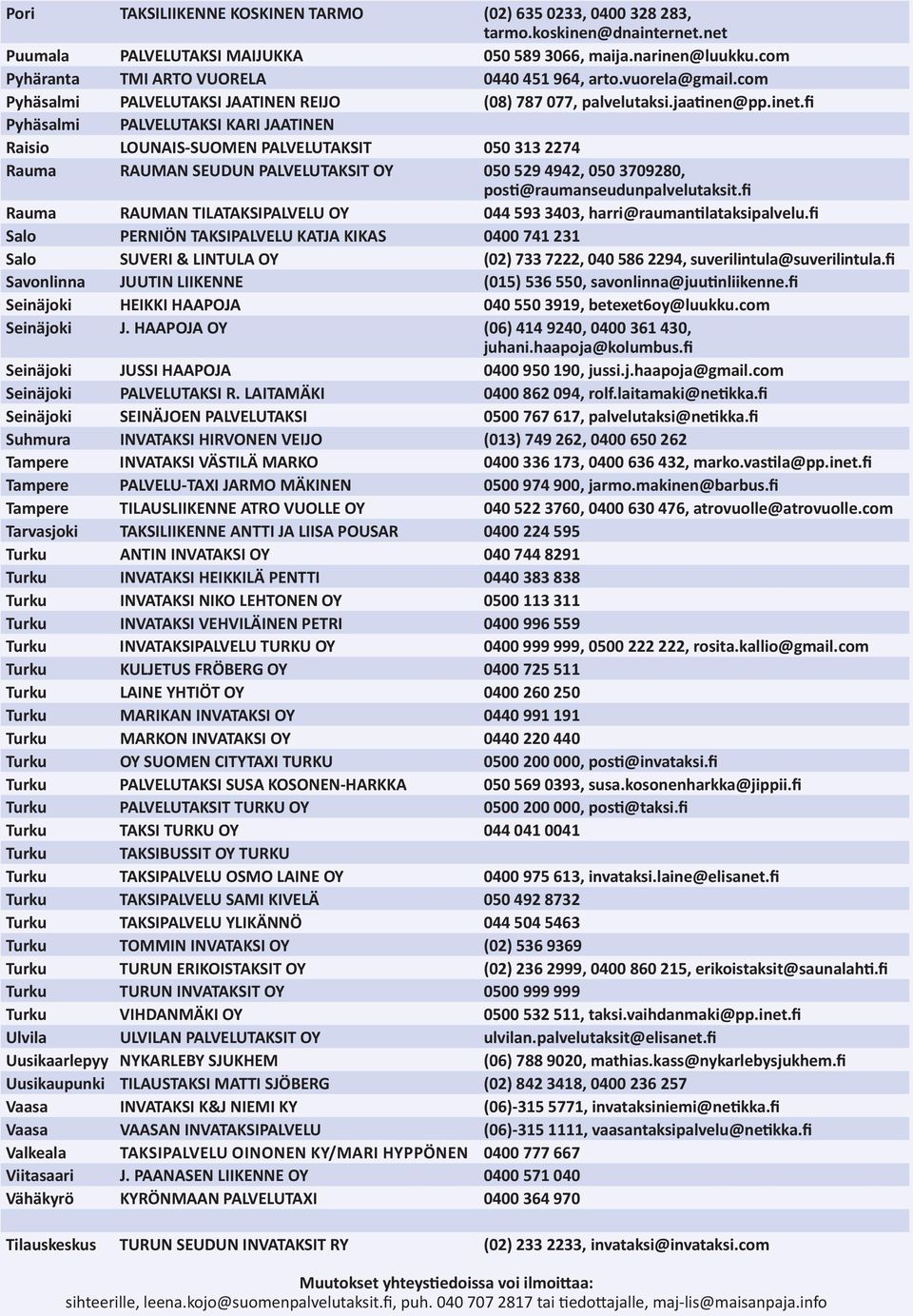 fi Pyhäsalmi PALVELUTAKSI KARI JAATINEN Raisio LOUNAIS-SUOMEN PALVELUTAKSIT 050 313 2274 Rauma RAUMAN SEUDUN PALVELUTAKSIT OY 050 529 4942, 050 3709280, posti@raumanseudunpalvelutaksit.