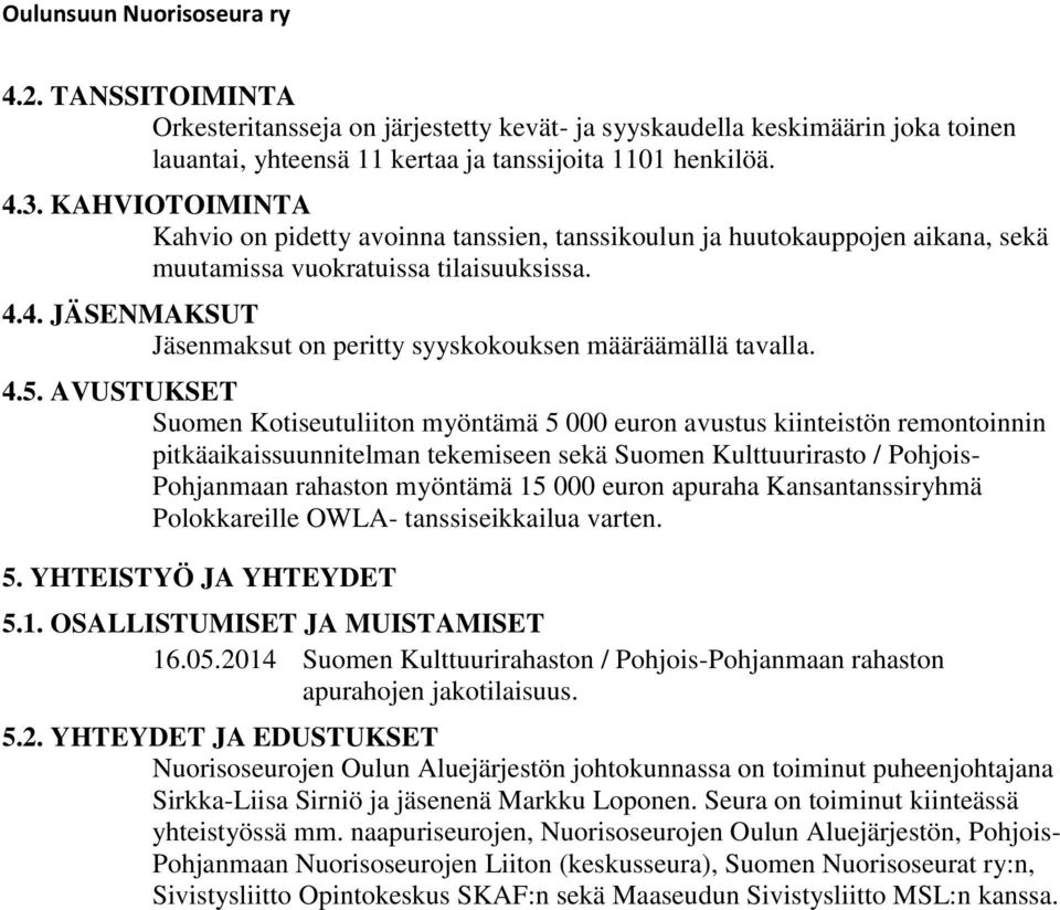 4. JÄSENMAKSUT Jäsenmaksut on peritty syyskokouksen määräämällä tavalla. 4.5.