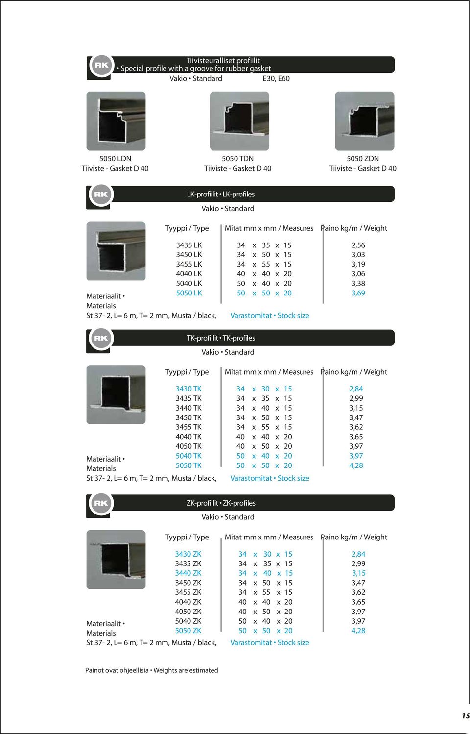 40 x 20 3,38 Materiaalit Materials 5050 LK 50 x 50 x 20 3,69 St 37-2, L= 6 m, T= 2 mm, Musta / black, TK-profiilit TK-profiles Vakio Standard Tyyppi / Type Mitat / Paino kg/m / Weight 3430 TK 34 x 30