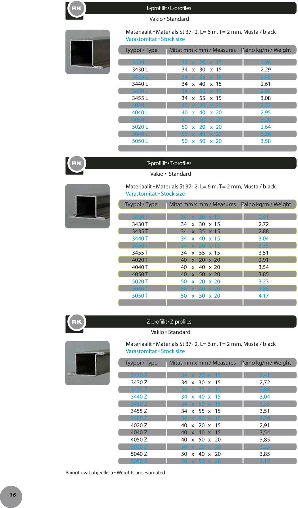 50 x 40 x 20 3,26 5050 L 50 x 50 x 20 3,58 T-profiilit T-profiles Vakio Standard Materiaalit Materials St 37-2, L= 6 m, T= 2 mm, Musta / black Tyyppi / Type Mitat / Paino kg/m / Weight 3420 T 34 x 20