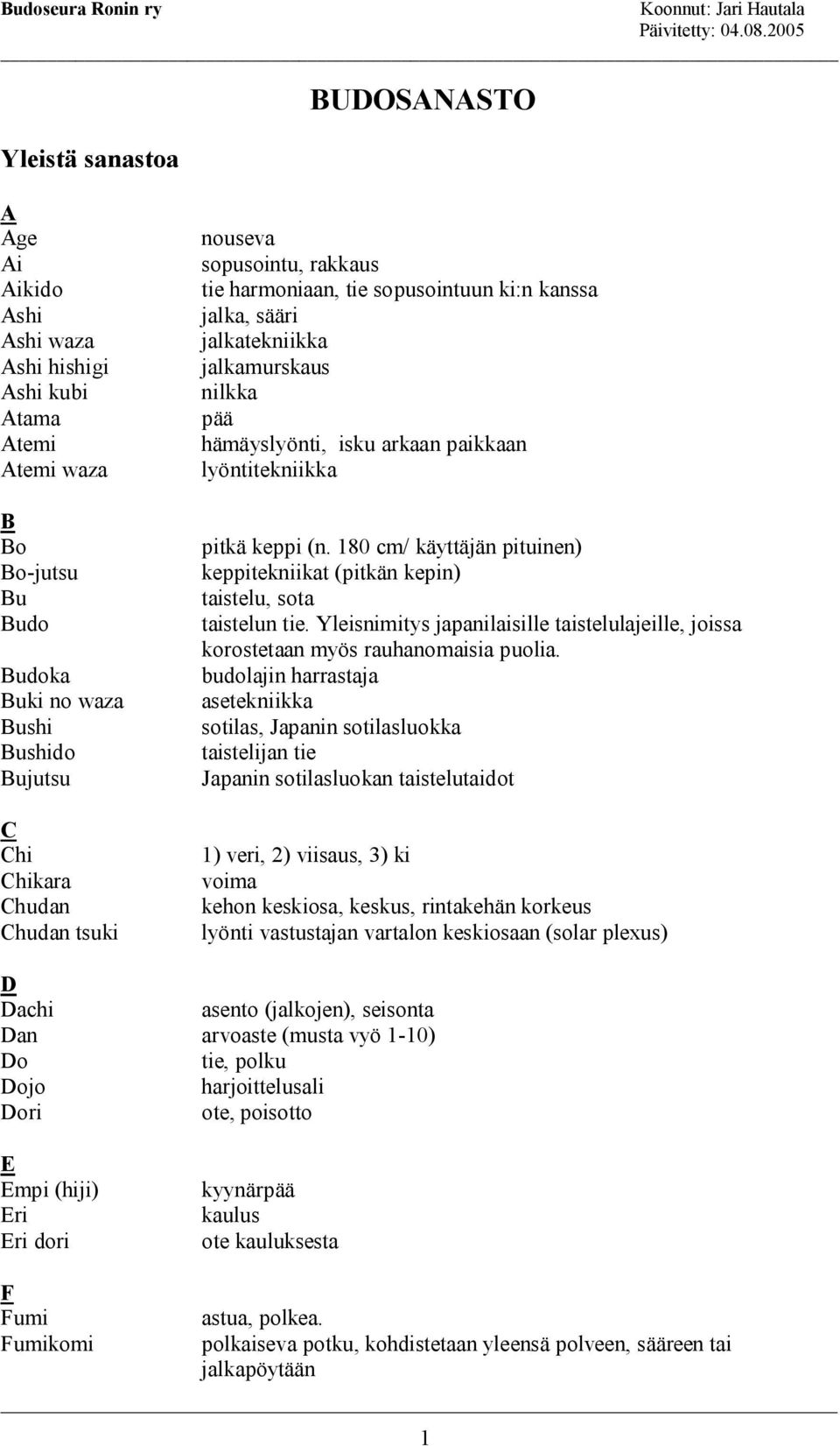 180 cm/ käyttäjän pituinen) keppitekniikat (pitkän kepin) taistelu, sota taistelun tie. Yleisnimitys japanilaisille taistelulajeille, joissa korostetaan myös rauhanomaisia puolia.