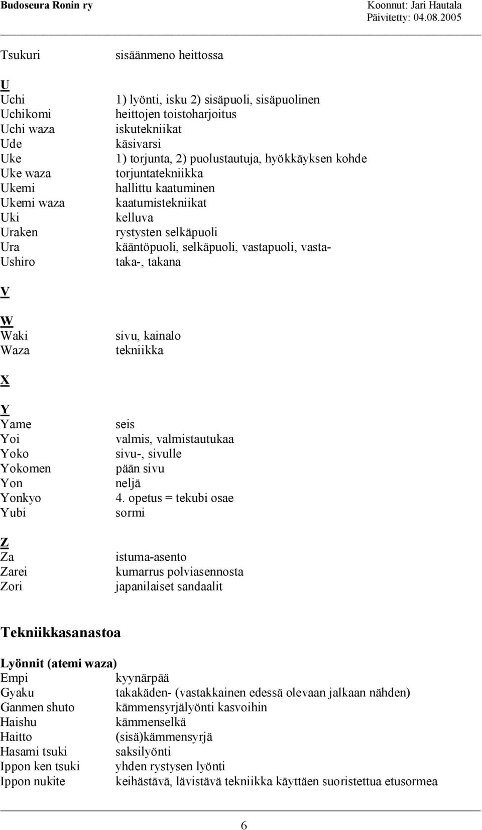 V W Waki Waza sivu, kainalo tekniikka X Y Yame Yoi Yoko Yokomen Yon Yonkyo Yubi Z Za Zarei Zori seis valmis, valmistautukaa sivu-, sivulle pään sivu neljä 4.