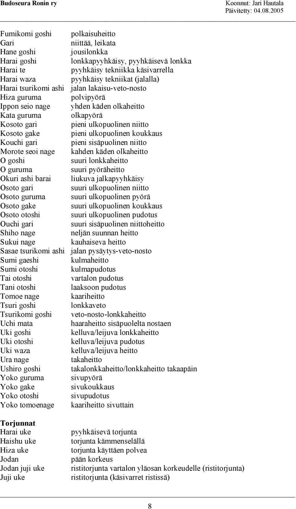 ulkopuolinen koukkaus Kouchi gari pieni sisäpuolinen niitto Morote seoi nage kahden käden olkaheitto O goshi suuri lonkkaheitto O guruma suuri pyöräheitto Okuri ashi barai liukuva jalkapyyhkäisy