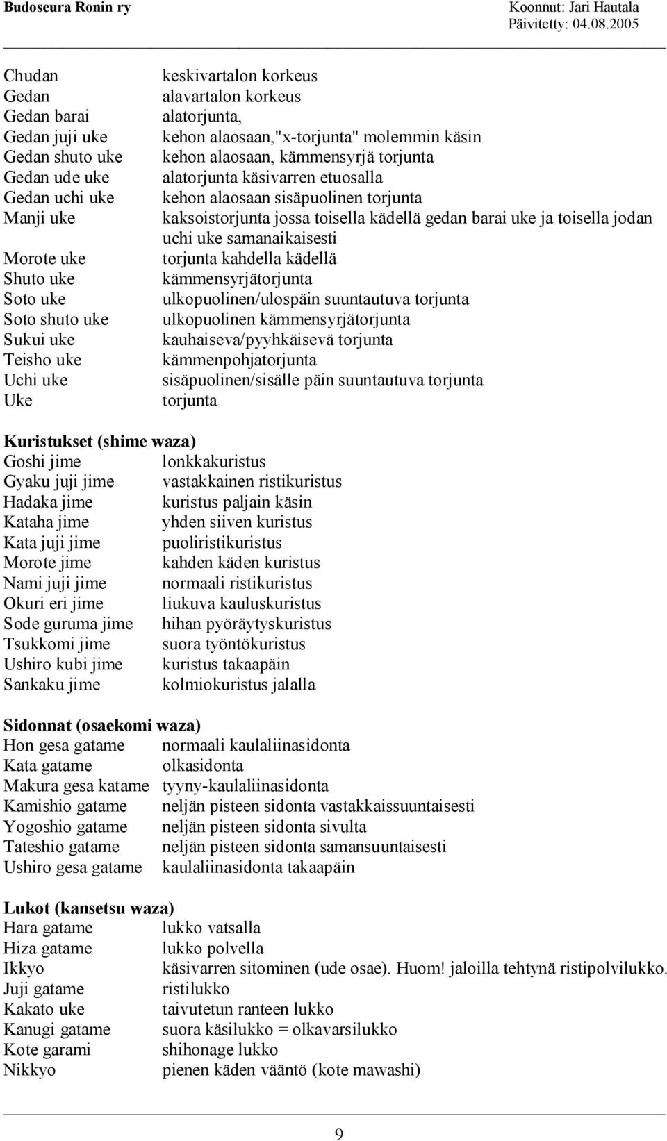 jossa toisella kädellä gedan barai uke ja toisella jodan uchi uke samanaikaisesti torjunta kahdella kädellä kämmensyrjätorjunta ulkopuolinen/ulospäin suuntautuva torjunta ulkopuolinen
