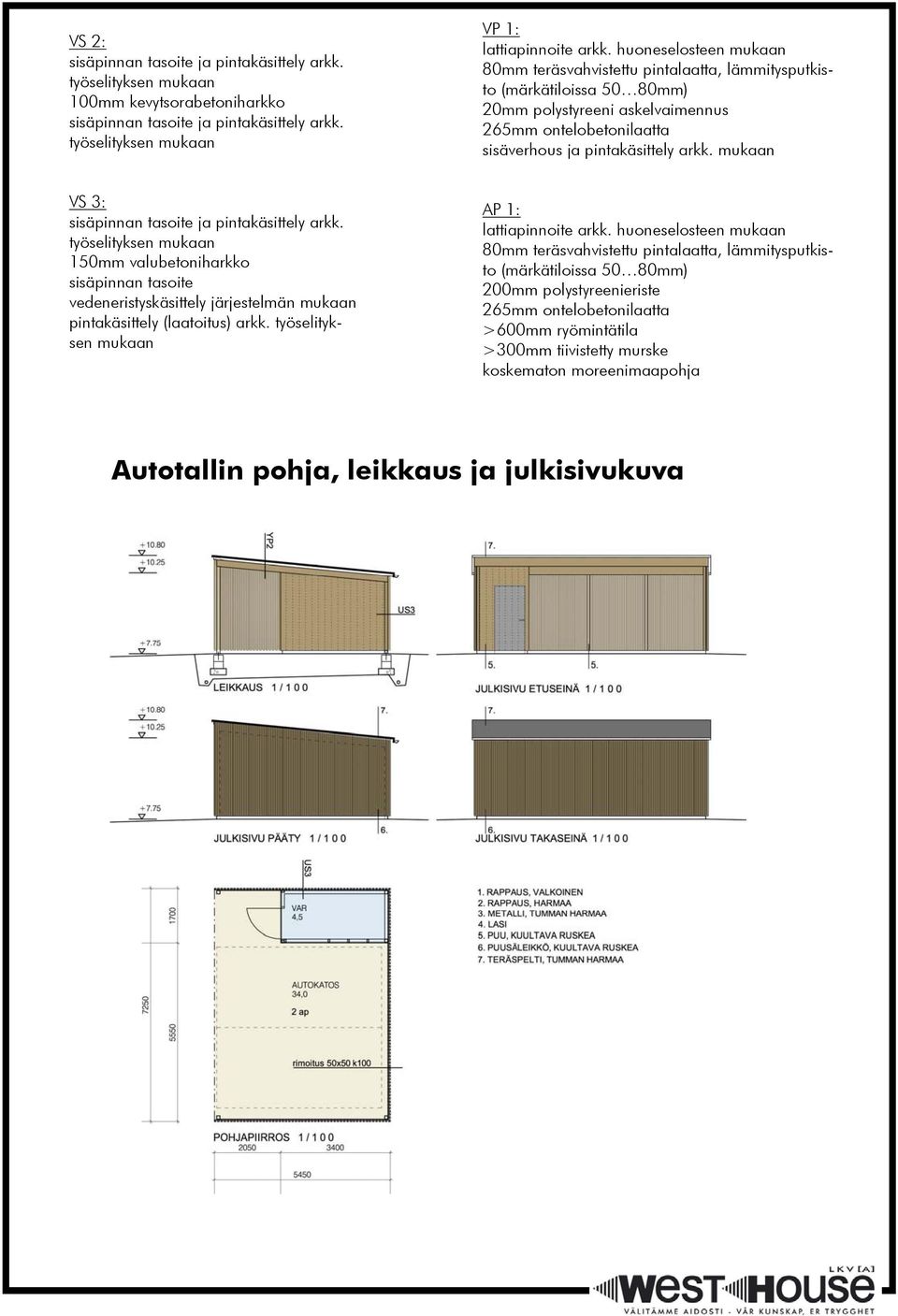 mukaan VS 3: sisäpinnan tasoite ja pintakäsittely arkk. työselityksen mukaan 150mm valubetoniharkko sisäpinnan tasoite vedeneristyskäsittely järjestelmän mukaan pintakäsittely (laatoitus) arkk.