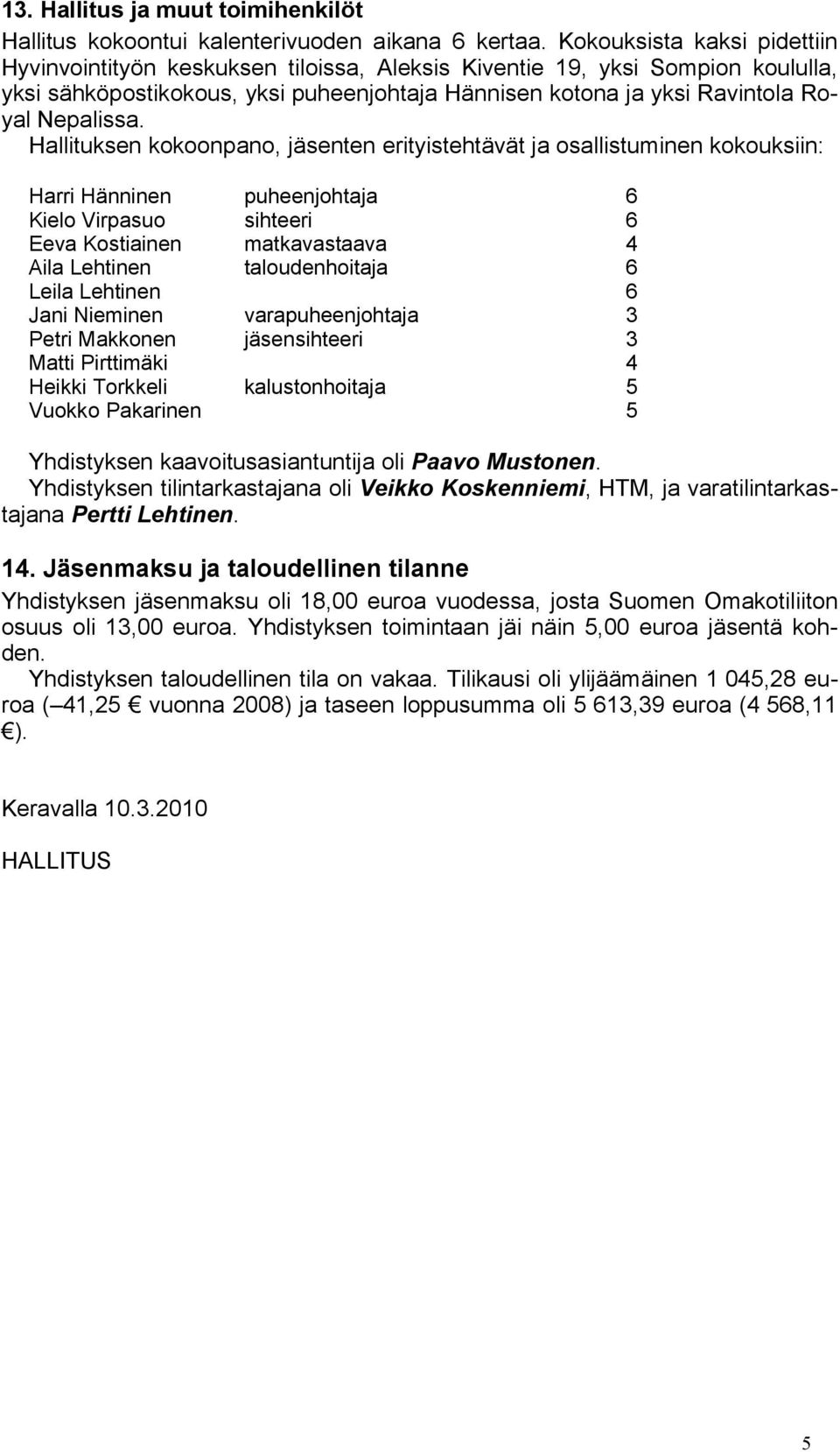 Hallituksen kokoonpano, jäsenten erityistehtävät ja osallistuminen kokouksiin: Harri Hänninen puheenjohtaja 6 Kielo Virpasuo sihteeri 6 Eeva Kostiainen matkavastaava 4 Aila Lehtinen taloudenhoitaja 6