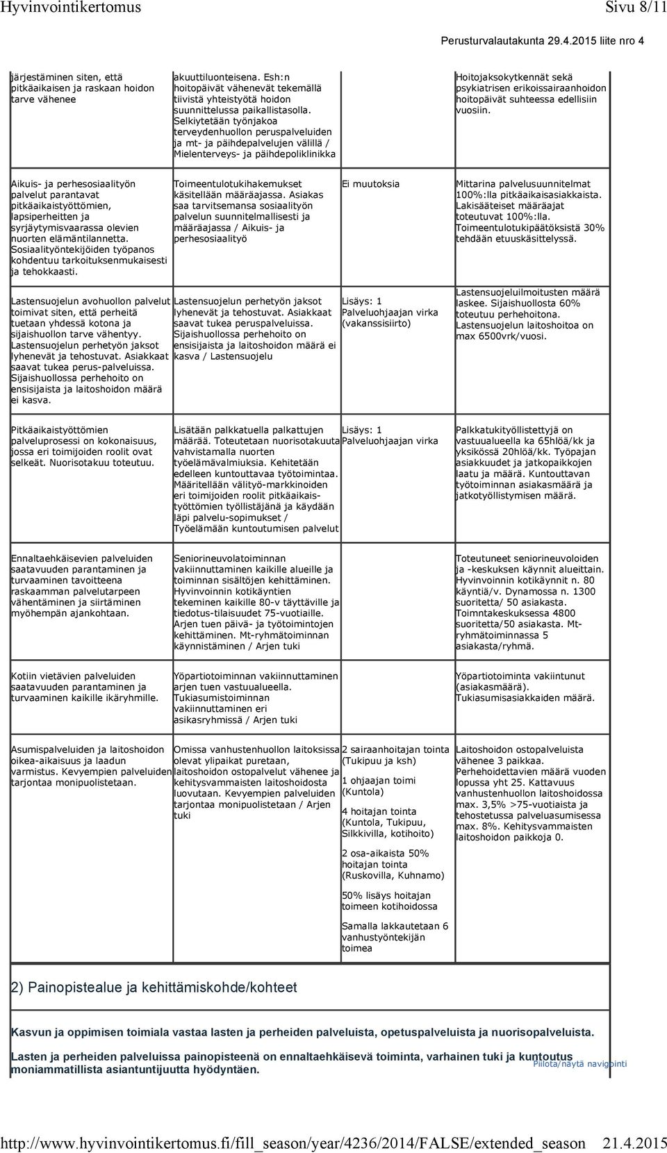 hoitopäivät suhteessa edellisiin vuosiin. Aikuis- ja perhesosiaalityön palvelut parantavat pitkäaikaistyöttömien, lapsiperheitten ja syrjäytymisvaarassa olevien nuorten elämäntilannetta.