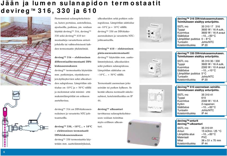 devireg 316 elektroninen differentiaalitermostaatti DINkiskoasennukseen devireg termostaattia käytetään mm. putkistojen, räystäskourujen/syöksytorvien sekä ulkoalueiden sulapidossa.