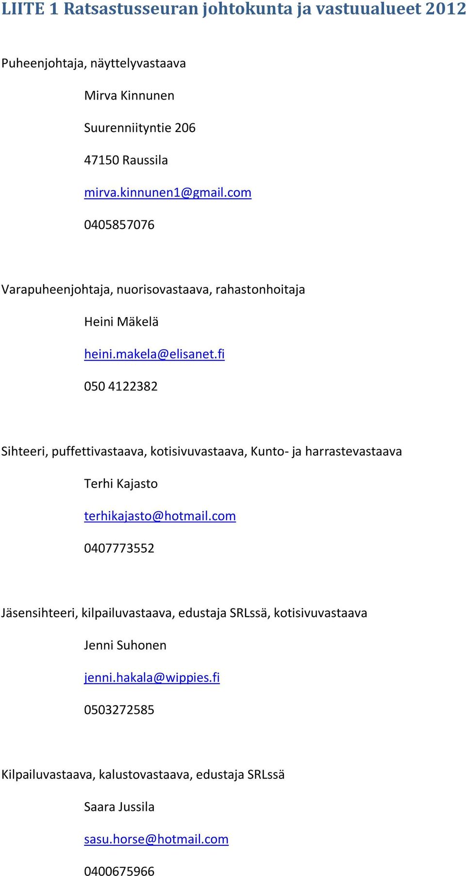 fi 050 4122382 Sihteeri, puffettivastaava, kotisivuvastaava, Kunto- ja harrastevastaava Terhi Kajasto terhikajasto@hotmail.