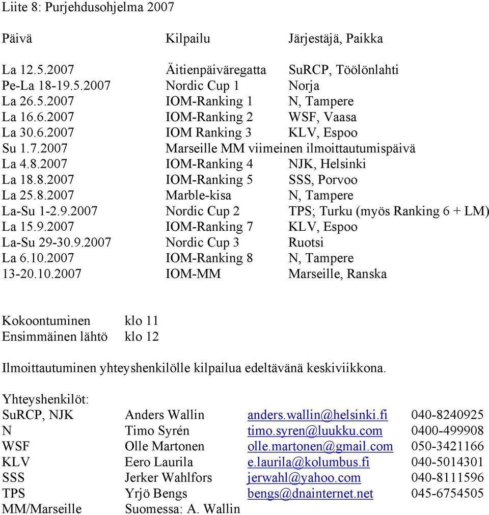 9.2007 Nordic Cup 2 TPS; Turku (myös Ranking 6 + LM) La 15.9.2007 IOM-Ranking 7 KLV, Espoo La-Su 29-30.9.2007 Nordic Cup 3 Ruotsi La 6.10.