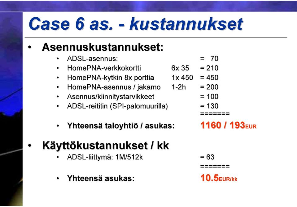 HomePNA-kytkin 8x porttia 1x 450 = 450 HomePNA-asennus / jakamo 1-2h = 200 Asennus/kiinnitystarvikkeet = 100