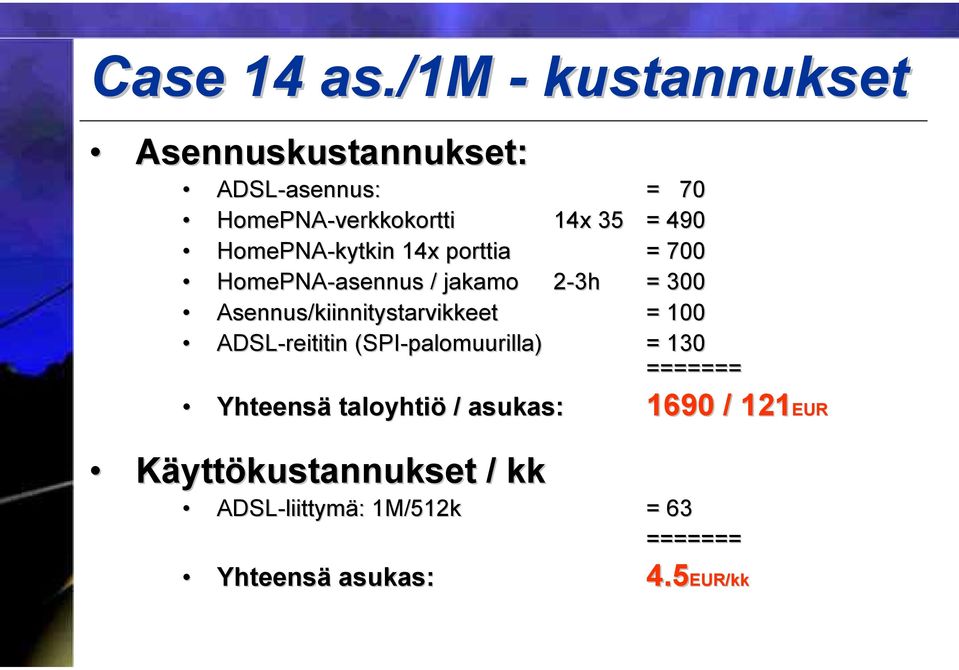 HomePNA-kytkin 14x porttia = 700 HomePNA-asennus / jakamo 2-3h = 300 Asennus/kiinnitystarvikkeet = 100